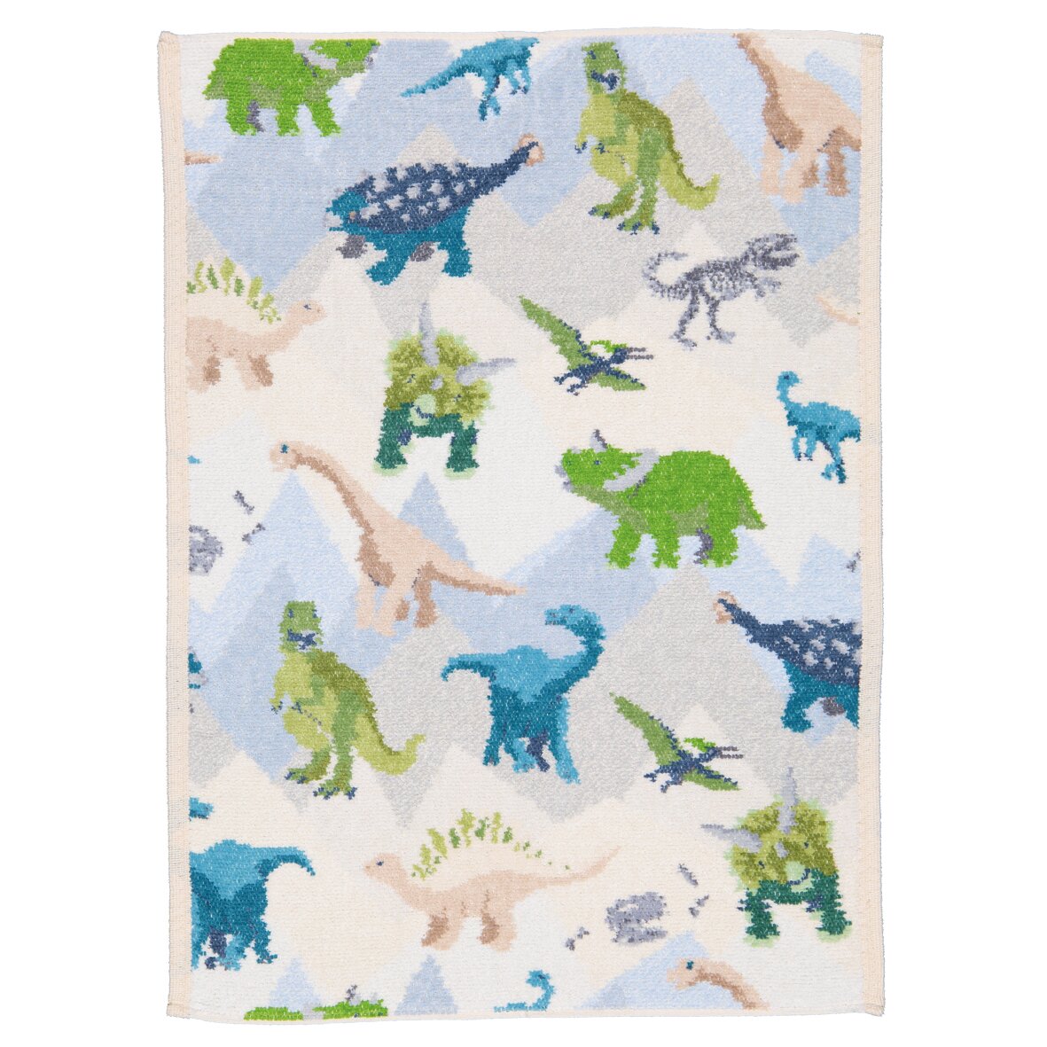 Soft chenille fabric with colourful dinosaur patterns in various shades of blue, green, and beige.