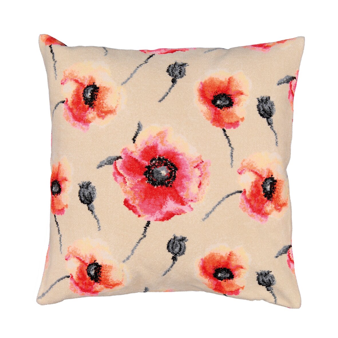 Cushion with vibrant red poppies on a beige background, showcasing an elegant floral pattern.