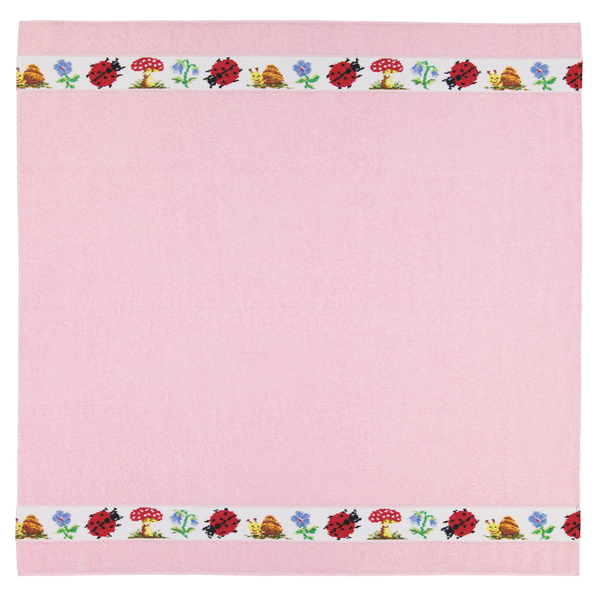 Pink textile with ladybird and floral border pattern, vibrant and decorative.