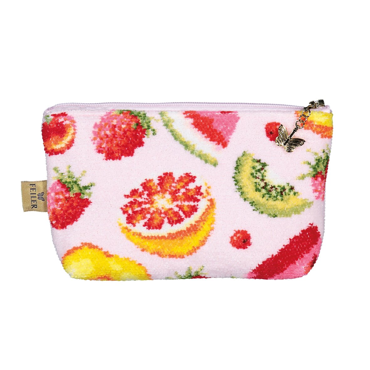 Luxury FEILER toiletry bag FRUIT, 11 x 4 cm, made from Original FEILER chenille, Made in Germany.