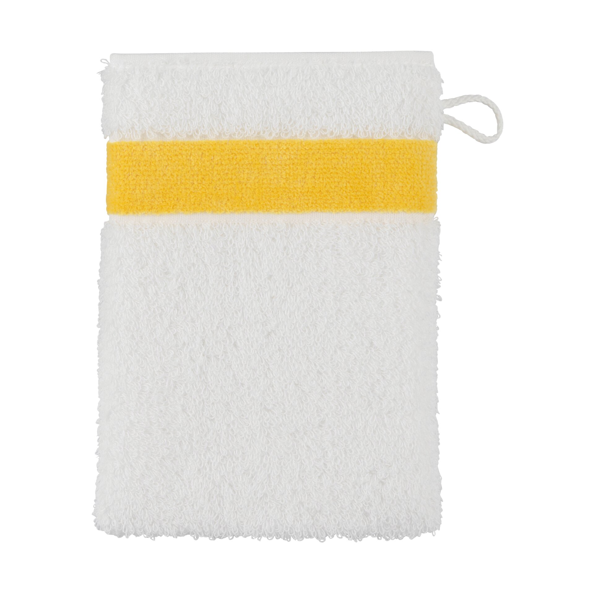 EXCLUSIV Waschhandschuh 15 x 20 cm Frottier gelb – Luxuriöser FEILER Waschhandschuh in der Größe 15 × 20 cm aus Frottier mit Original FEILER-Chenille-Bordüre, Made in Germany.
