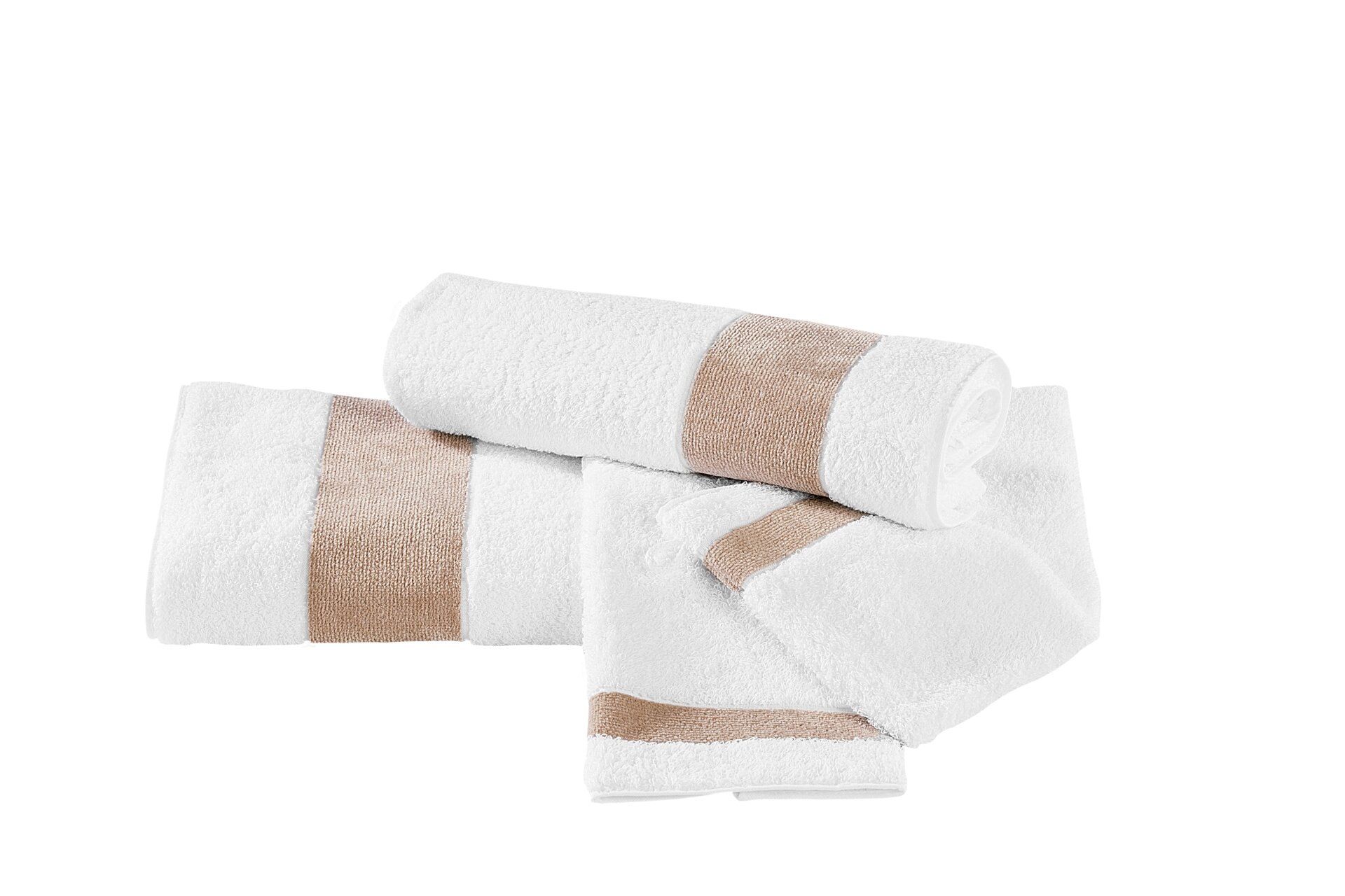 Weißes Handtuchset mit beigen Streifen – Luxuriöses FEILER Handtuch der Kollektion EXCLUSIV in Kiesel aus Original FEILER-Chenille, Made in Germany.