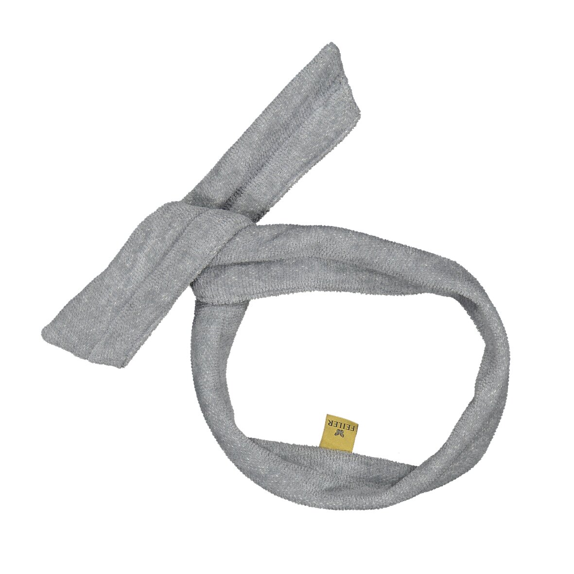 Grey chenille fabric in a simple, soft texture, looped with a yellow tag.