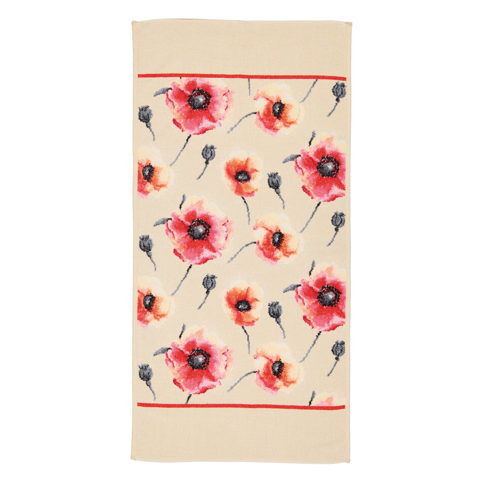 Cream fabric with red poppy flower pattern, bordered with thin red lines.