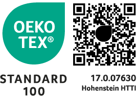 OEKO-TEX zertifiziert für Qualität OEKO-TEX Standard 100 Siegel und QR-Code auf grünem Hintergrund, zertifiziert nachhaltige Textilien.