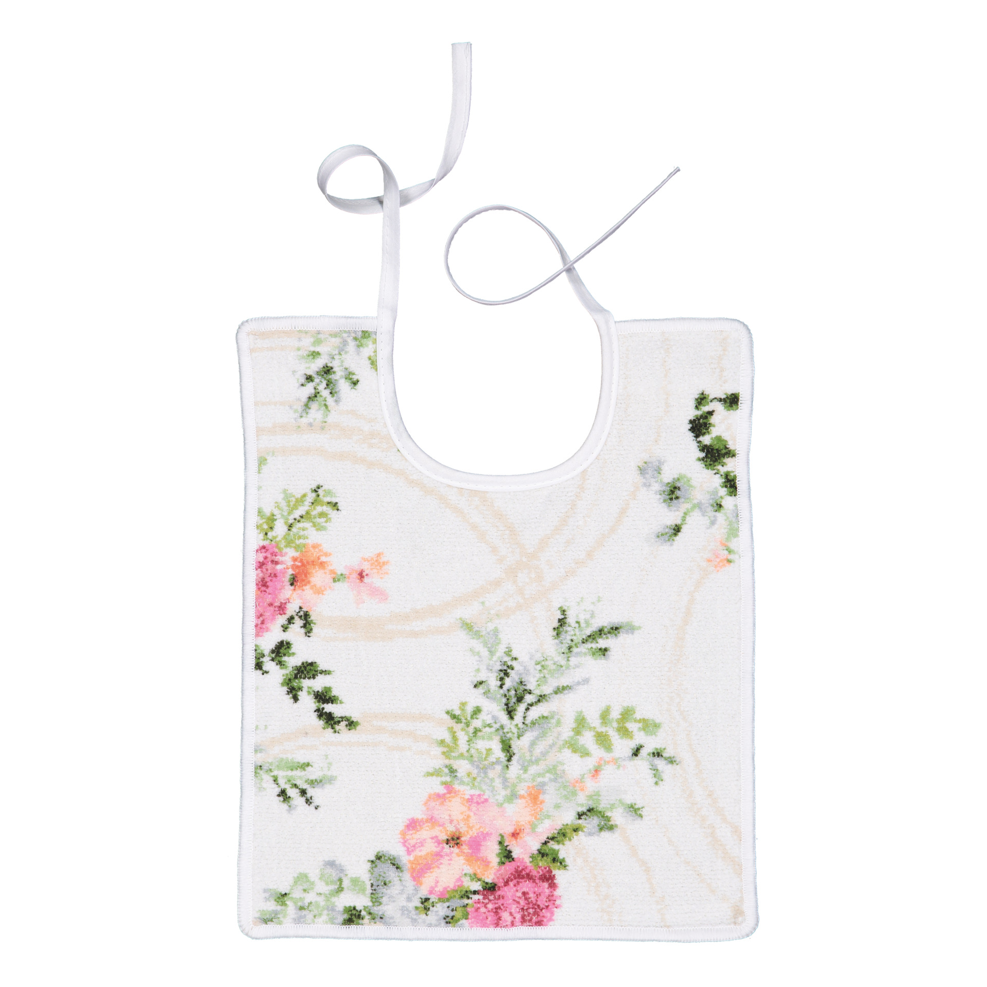 Chenille-Schutzlätzchen mit Blumenmuster – Luxuriöses FEILER Lätzchen der Kollektion SWEET FLOWERS LATZ in Weiß aus Original FEILER-Chenille, Made in Germany.