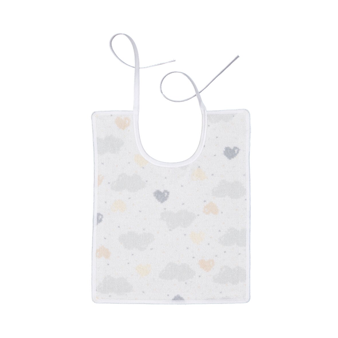 White chenille fabric with pastel heart and cloud pattern.