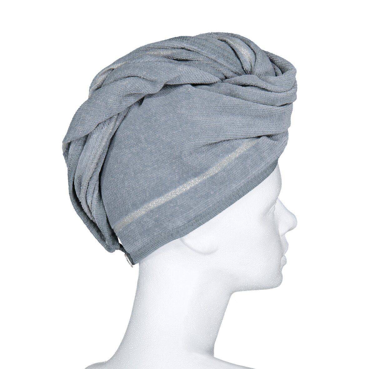 Adult model with grey turban-style wrap, subtle stripe pattern on fabric, against white background.