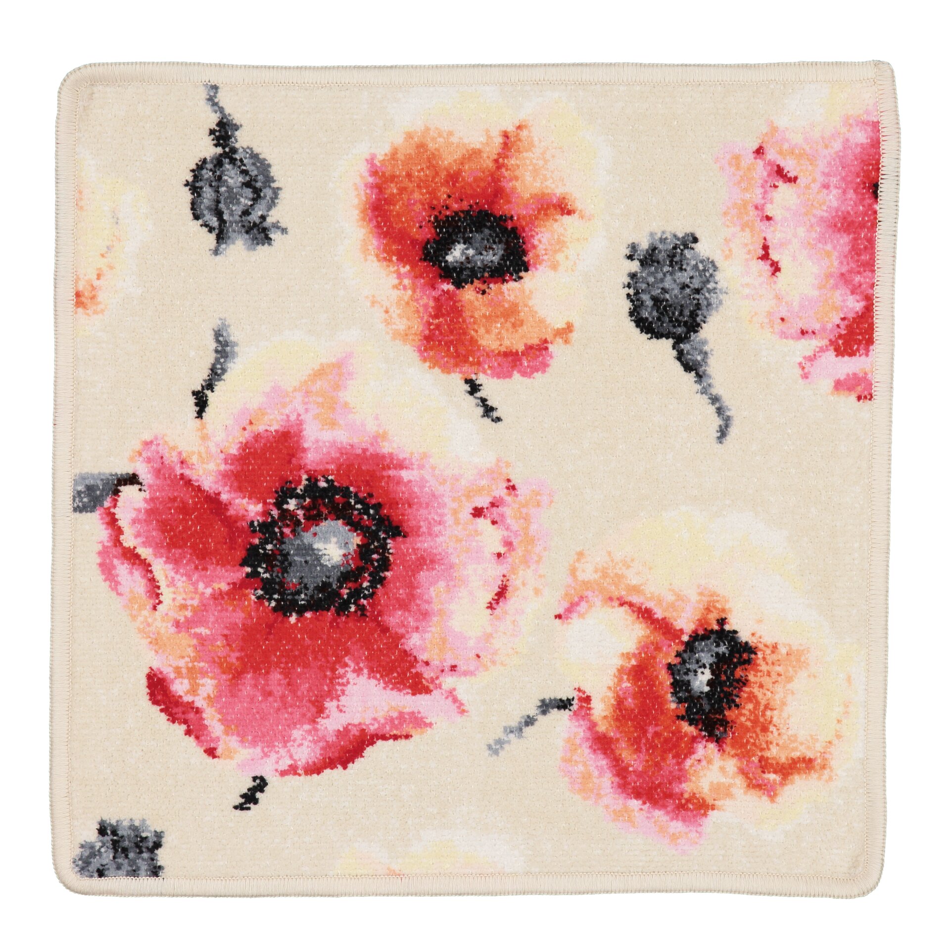 Floral pattern with red, pink, and black accents on a beige square fabric.