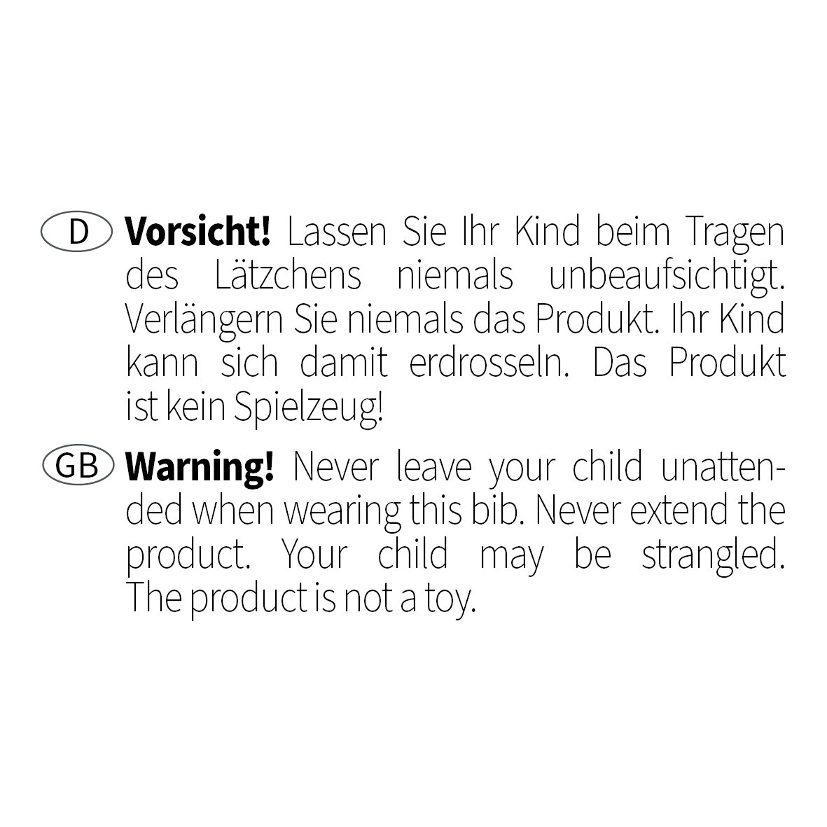 by FEILER: Text warning in German and English advises on child safety for a bib. Emphasizes supervision and correct use.
