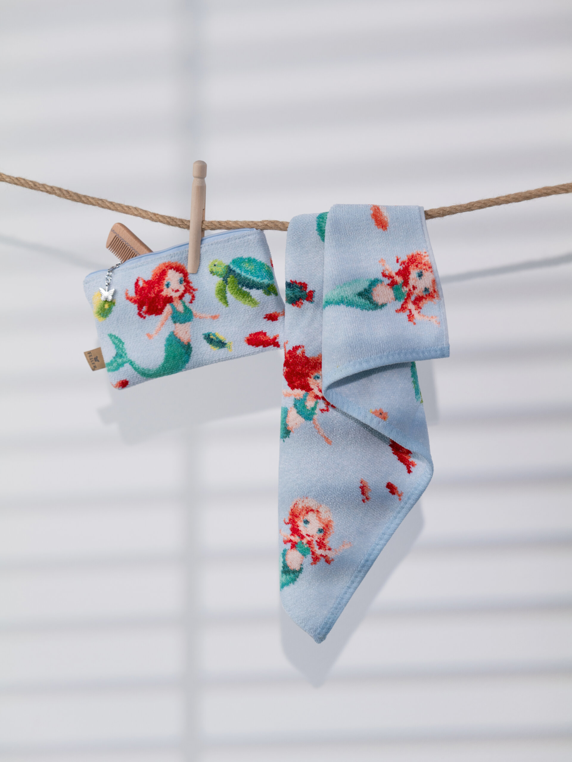 Lifestyle view featuring the FEILER Towel Set from the MERMAID DREAMS collection, made from Original FEILER chenille in Germany, lifestyle image 2 3 4.