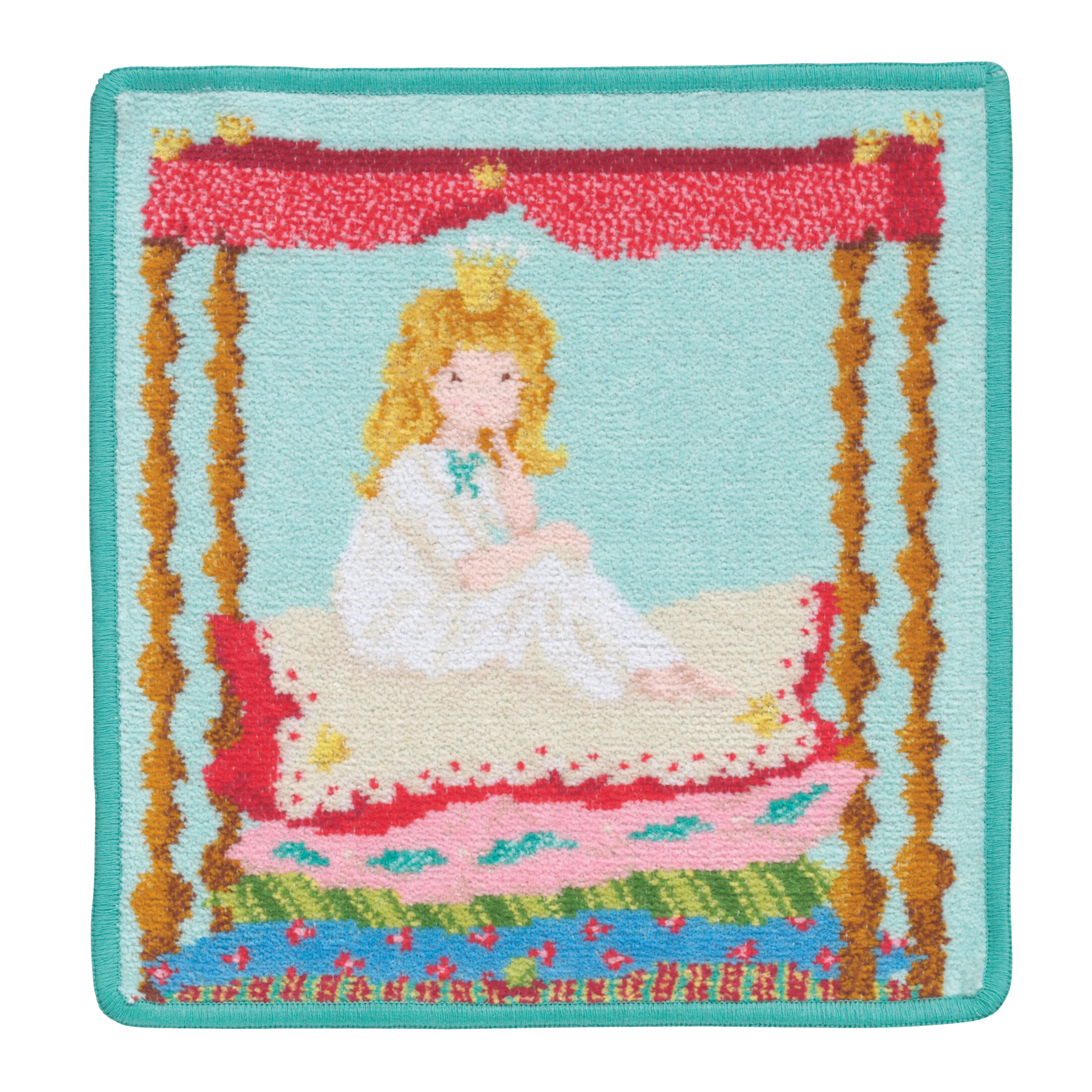 Chenille textile with fairy tale pattern, featuring young girl in a crown on a multi-layered bed.
