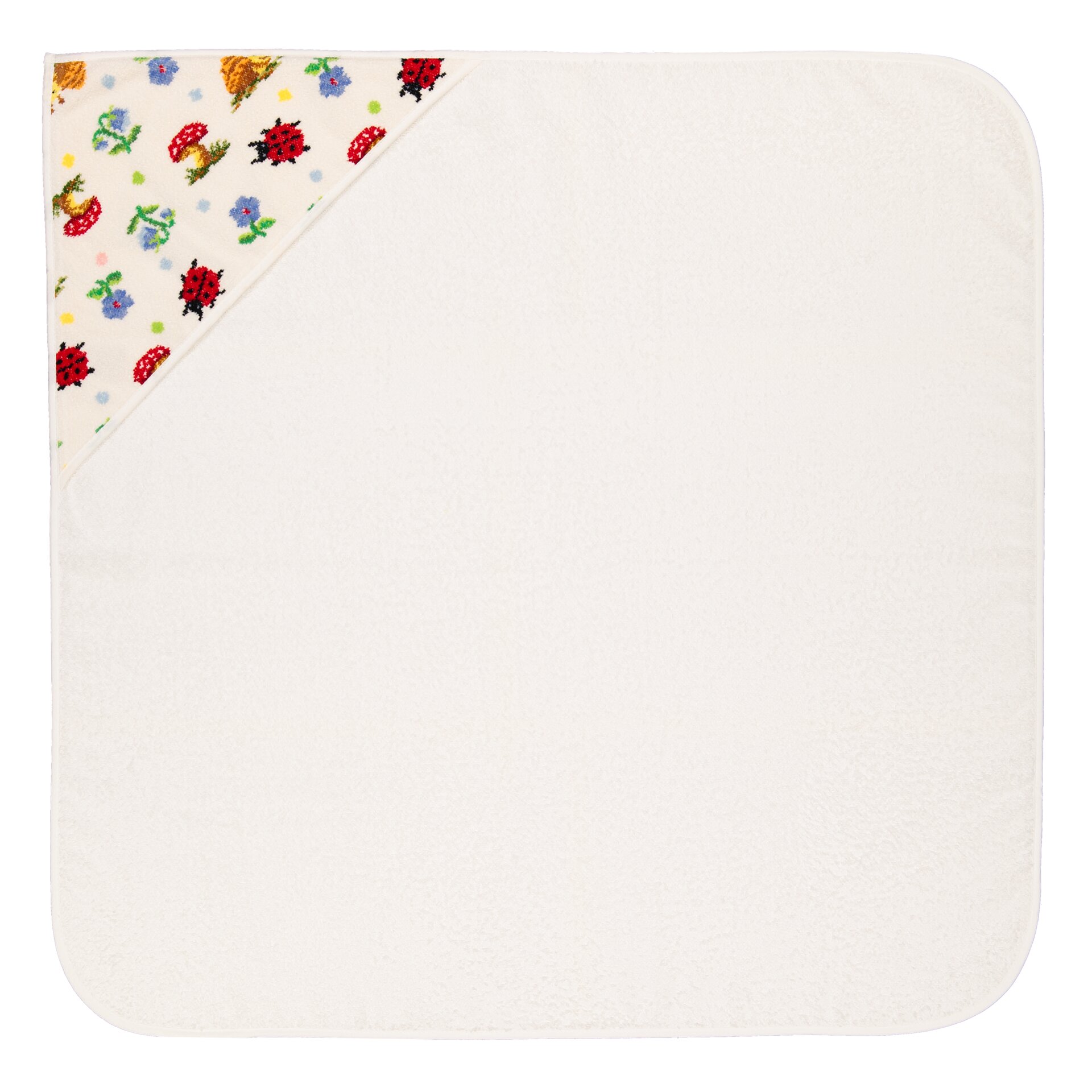 Square white textile with colourful corner pattern of ladybirds and flowers. No visible model.
