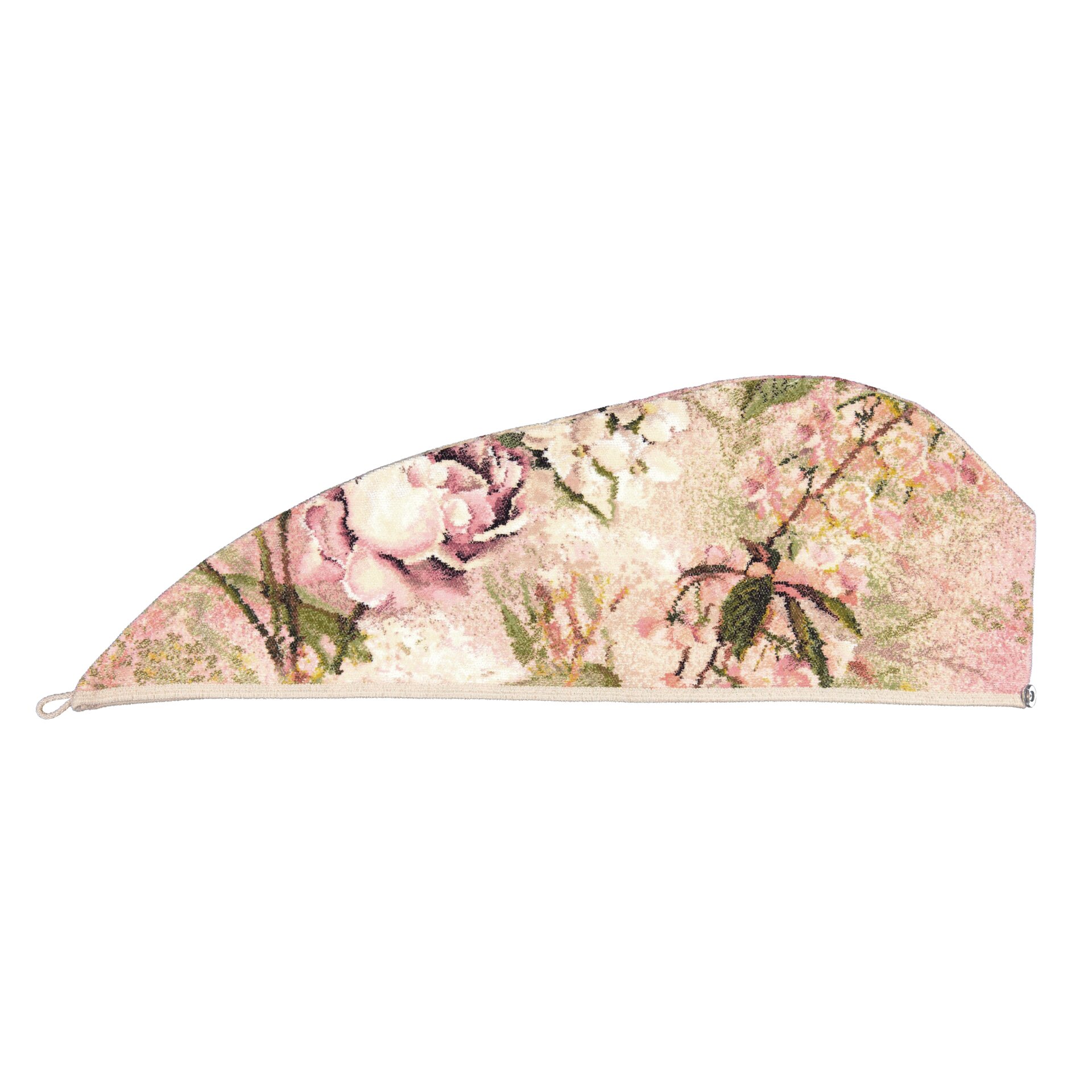 Floral-patterned chenille textile in soft pinks and greens, showcasing intricate botanical details.