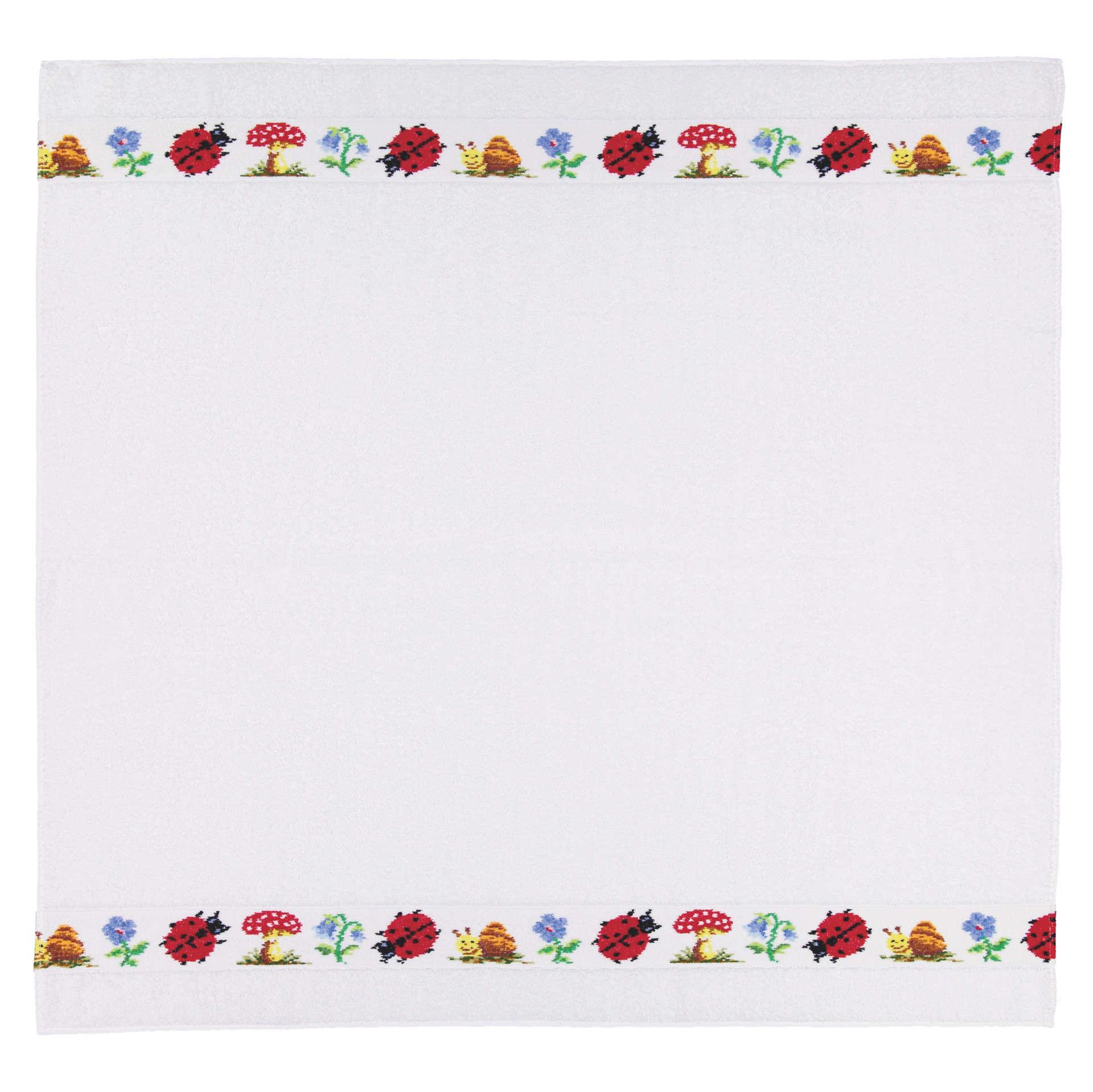White textile with floral and ladybird border pattern.