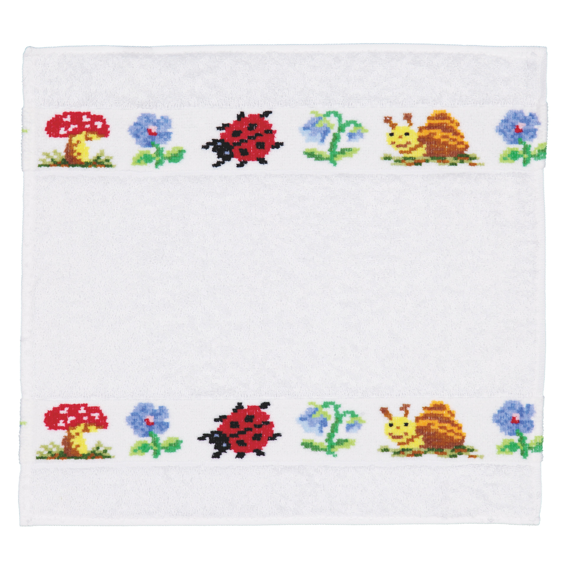 Soft white fabric with a decorative band featuring ladybugs, mushrooms, snails, and flowers in vibrant colours.