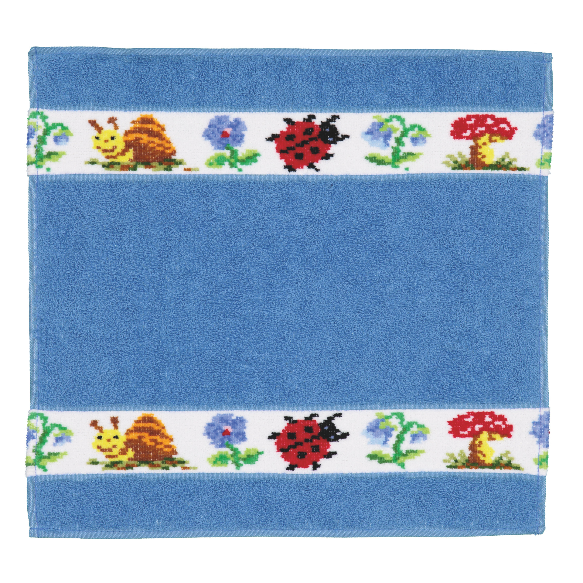 Blue chenille textile with ladybird and floral patterns on a white band. Vibrant design, ideal for decor.