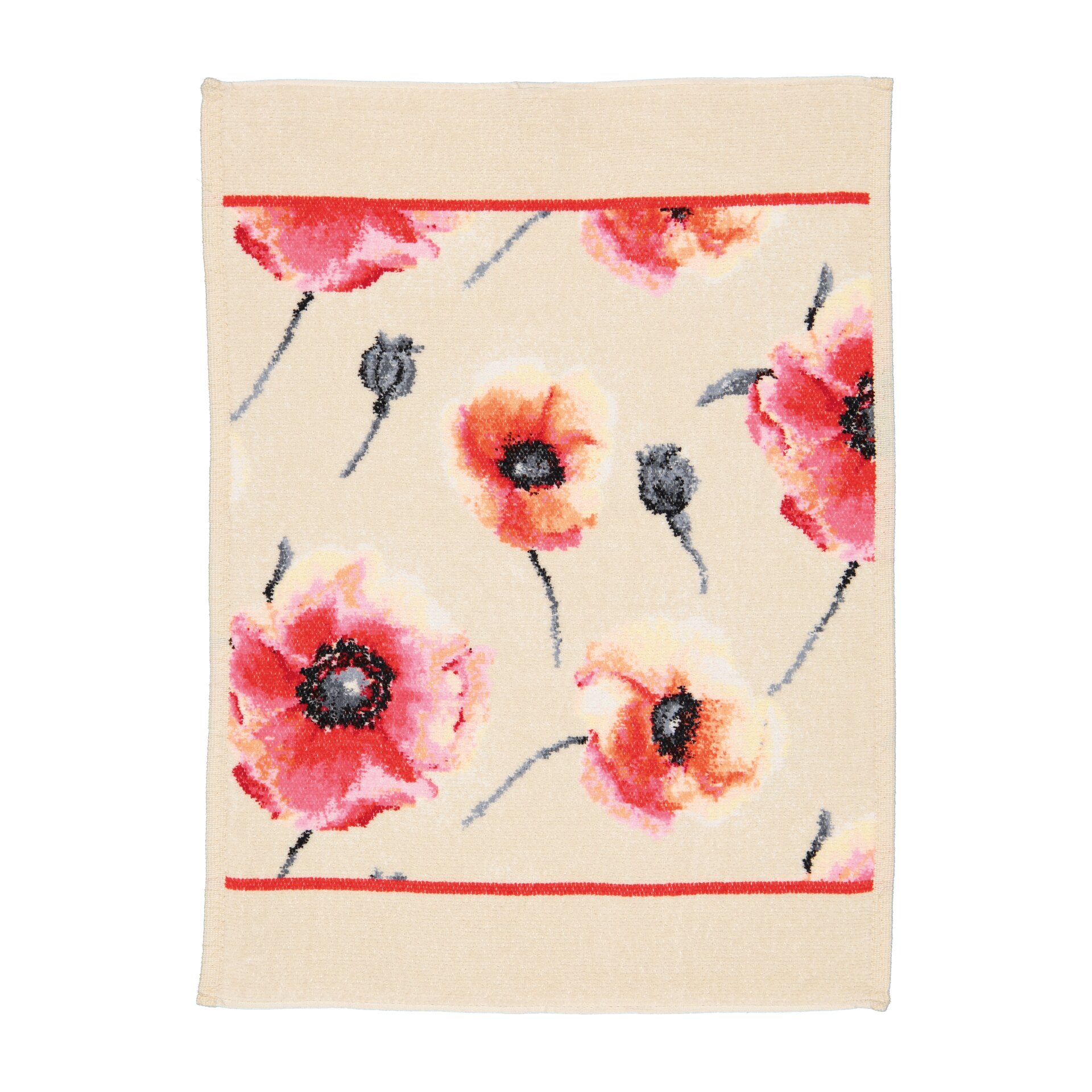 Floral fabric with red poppies and abstract stems on a beige background.
