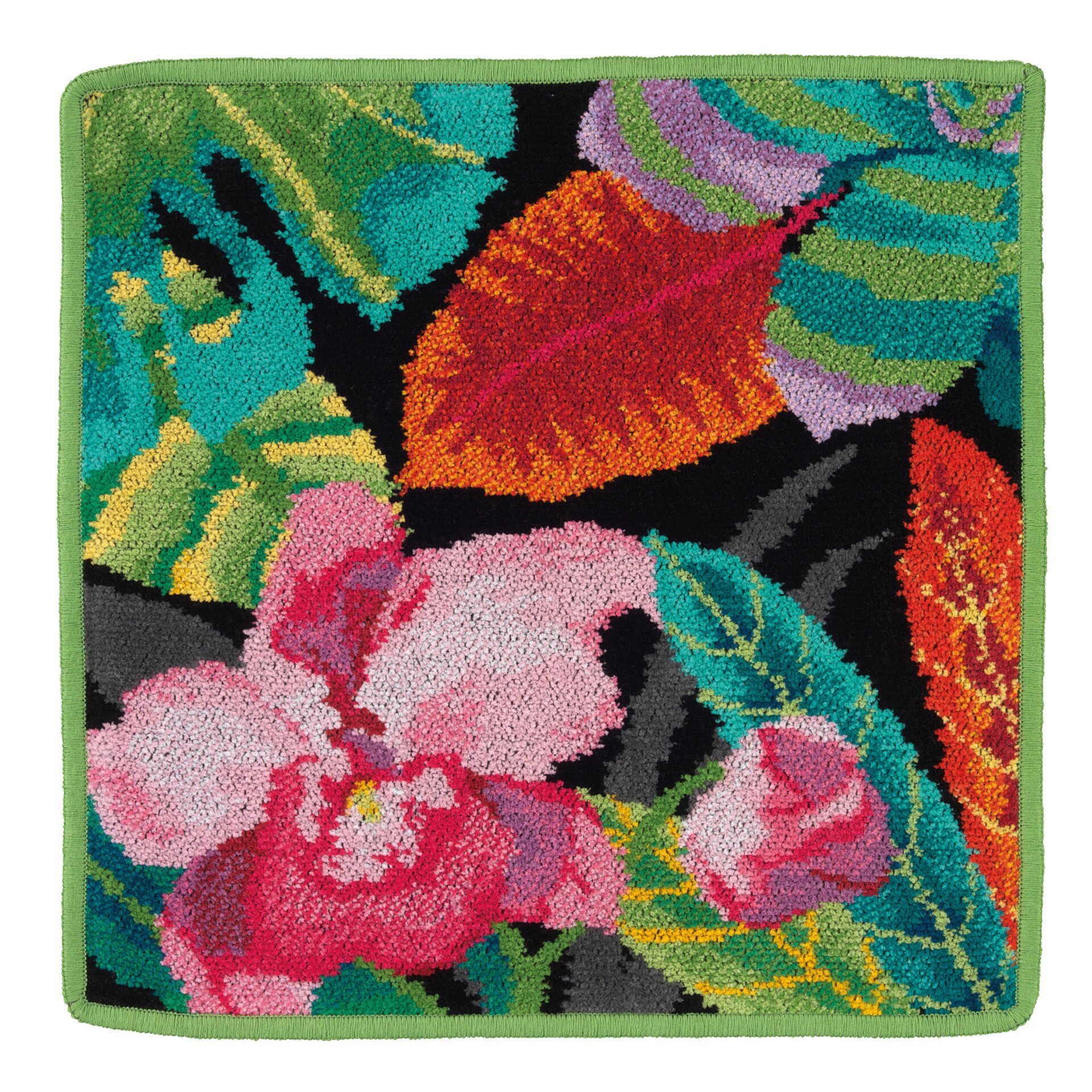 Colourful floral design with leaves on a textured textile, featuring vibrant pinks and greens.