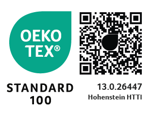 OEKO-TEX Zertifikat mit QR-Code OEKO-TEX Standard 100 Logo und QR-Code zur Zertifizierung von schadstoffgeprüften Textilien.
