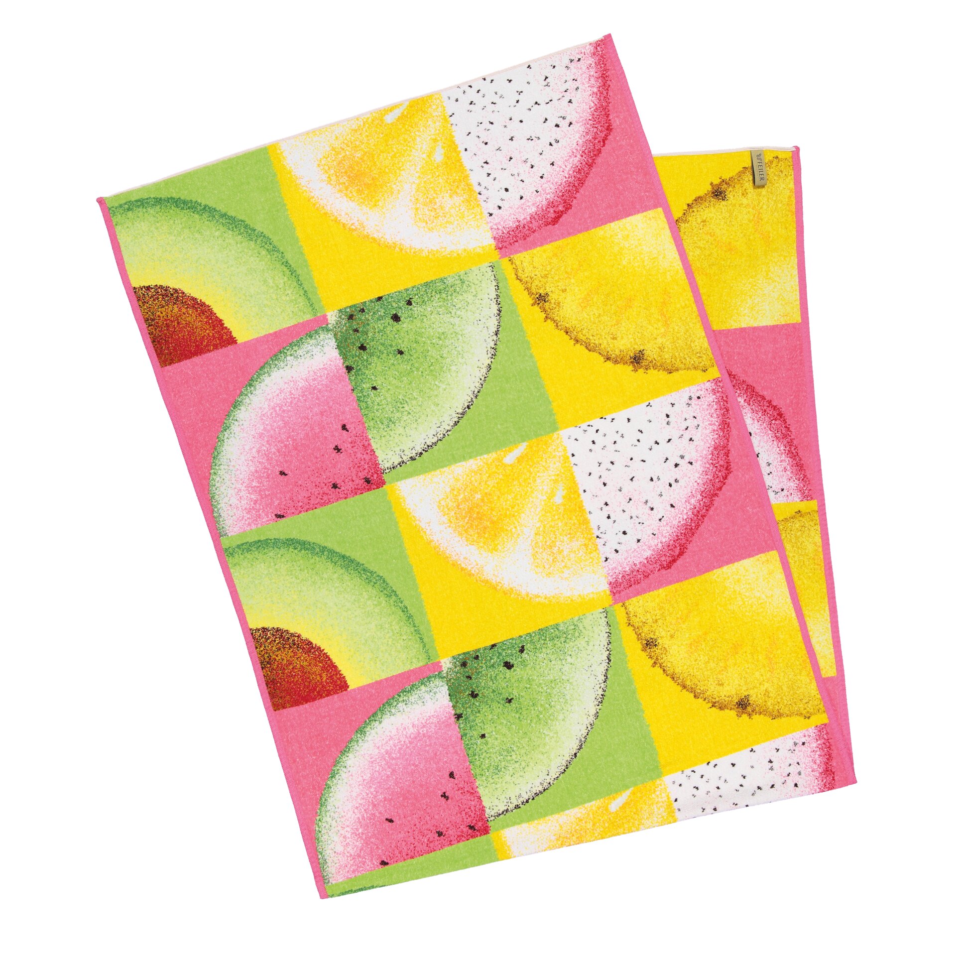 FRUITS Luxus-Chenille Strandtuch 75 × 200 cm – Luxuriöses FEILER Strandtuch als Lifestyleaufnahme aus Original FEILER-Chenille, Made in Germany.
