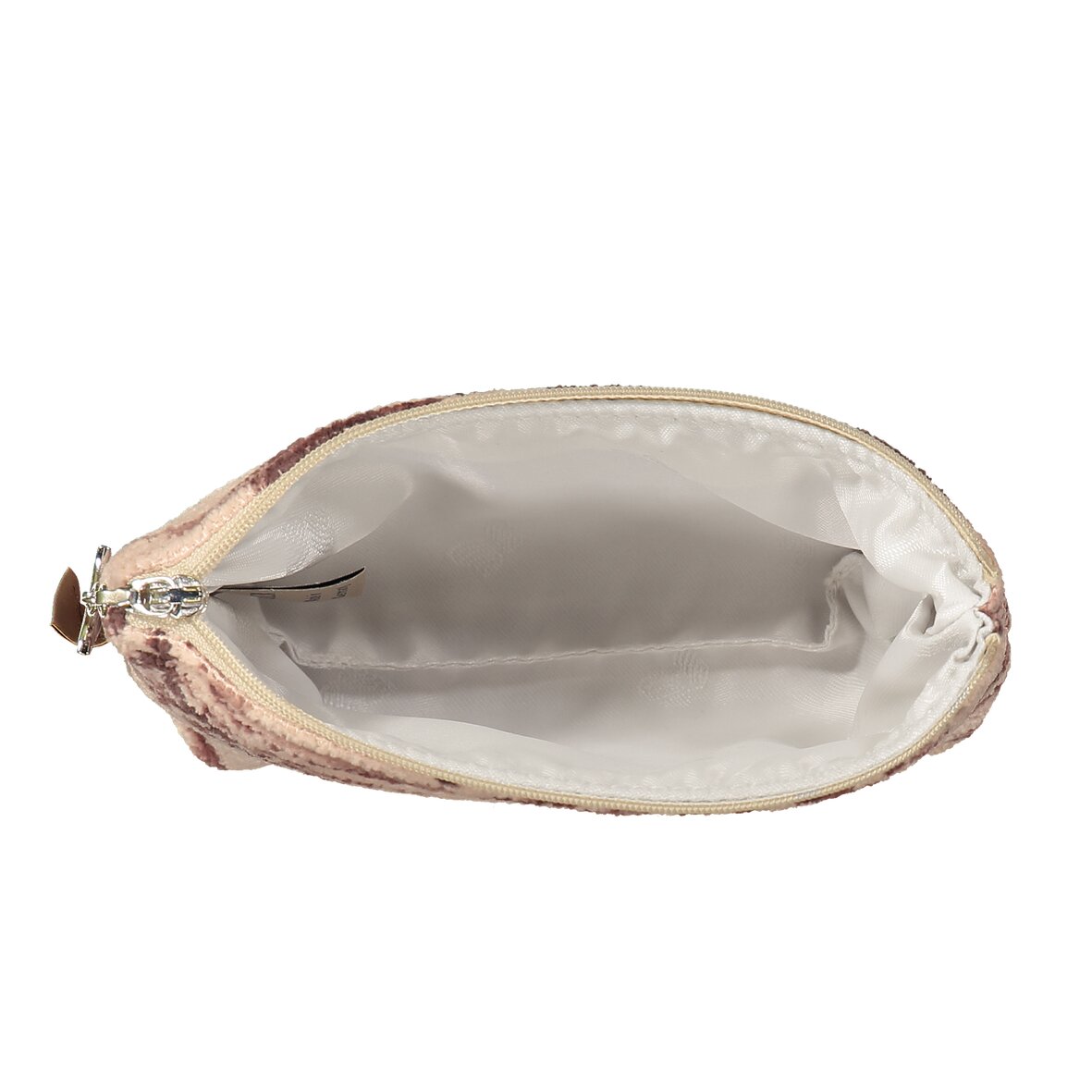 Interior view of the small FEILER DESERT PALMS cosmetic bag, size 18 × 11 × 4 cm, showing its lining and compact storage space.