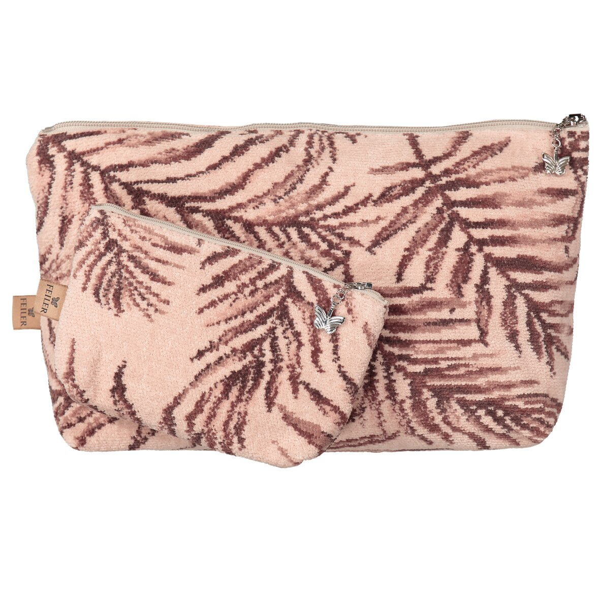 First set view of the FEILER DESERT PALMS small cosmetic bag and large toiletry bag, both with Original FEILER chenille exteriors.