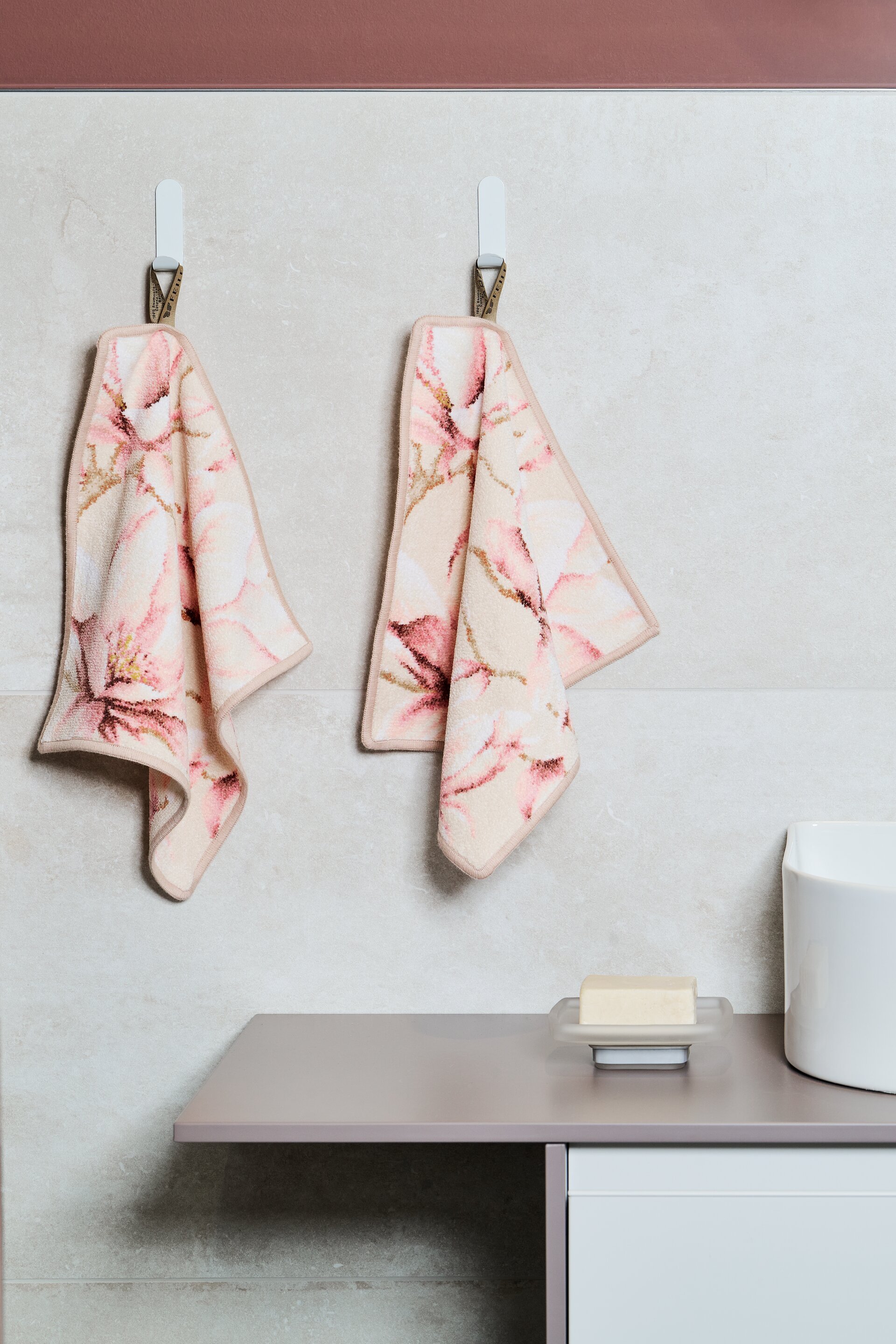 Lifestyle view featuring the FEILER Towel Set from the BELLE FLEUR collection, made from Original FEILER chenille in Germany, lifestyle image 2 3.