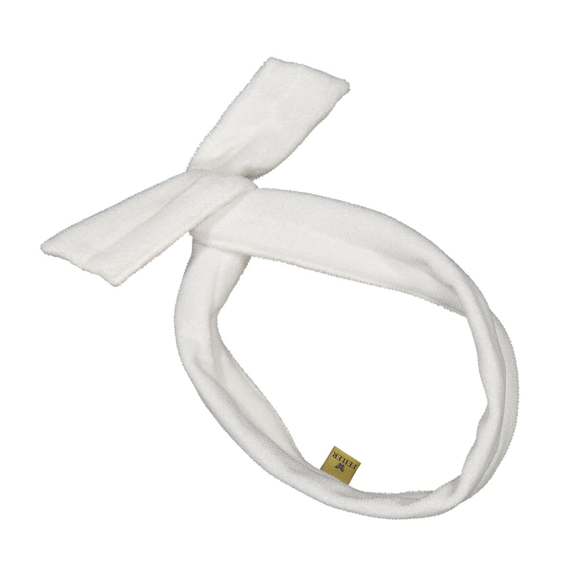White fabric headband with a simple knot design, soft texture, suited for spa or bath use.