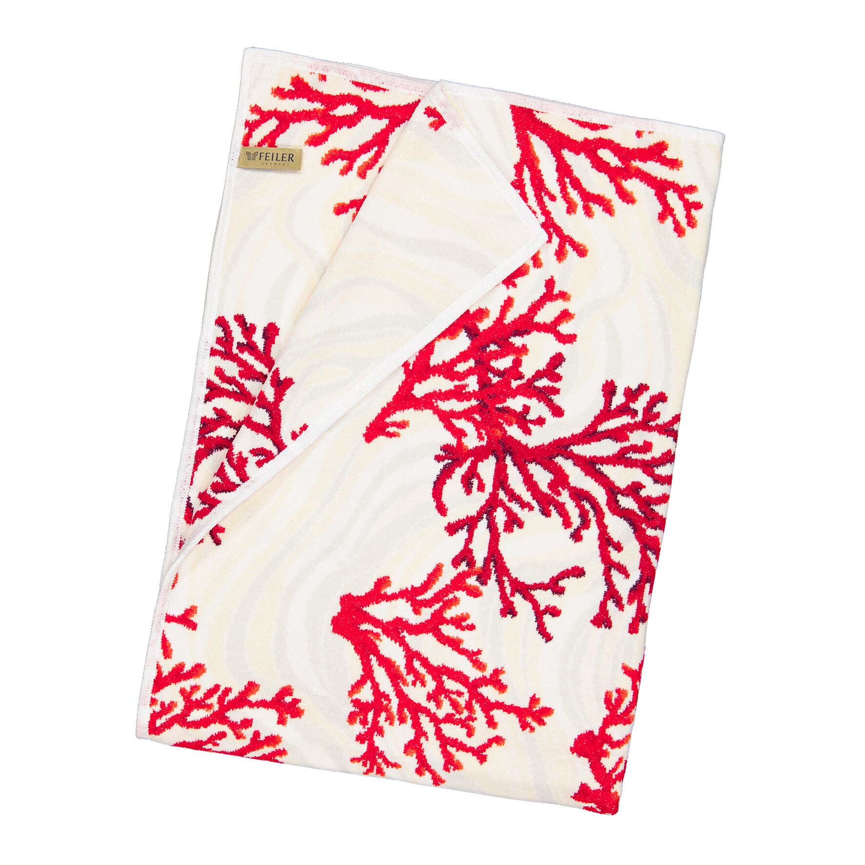 Premium FEILER Chenille bath sheet KORALLE coral design allover, 110 x 160 cm, made from Original FEILER chenille, made in Germany.