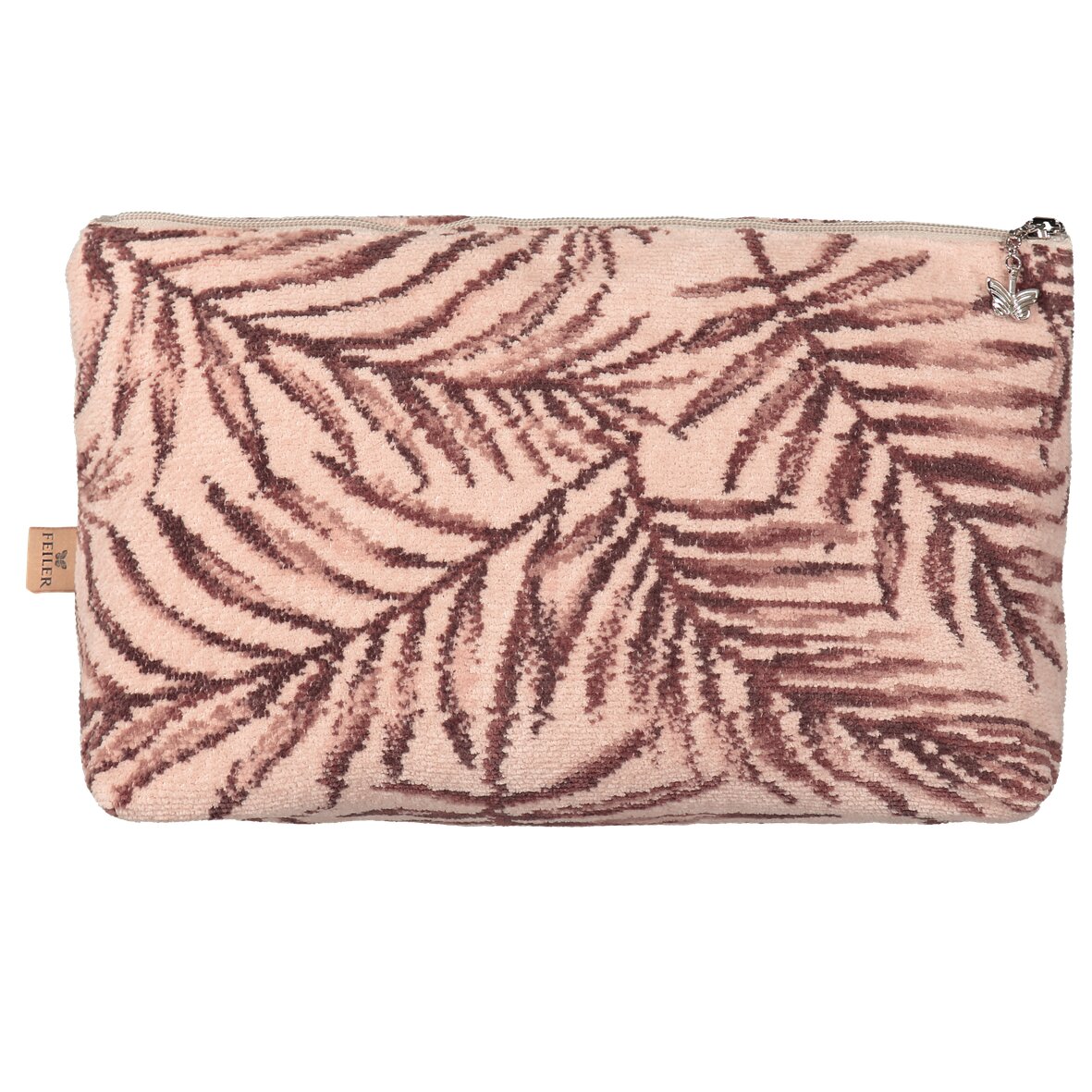 Large FEILER toiletry bag from the DESERT PALMS collection, size 33 × 19 × 10 cm, with an Original FEILER chenille exterior made in Germany.