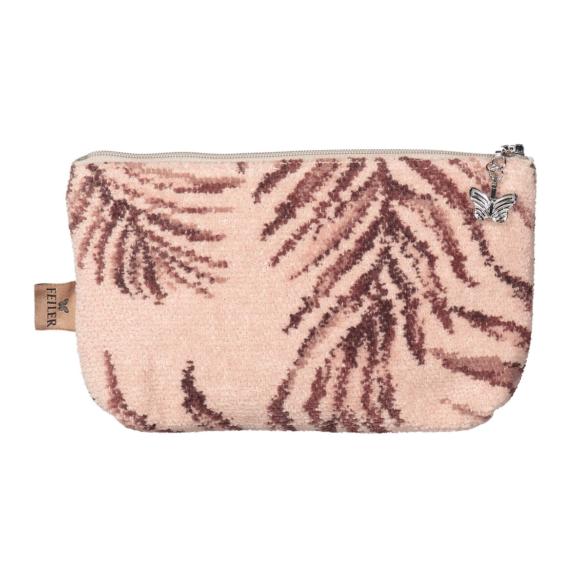 Small FEILER cosmetic bag from the DESERT PALMS collection, size 18 × 11 × 4 cm, with an Original FEILER chenille exterior made in Germany.
