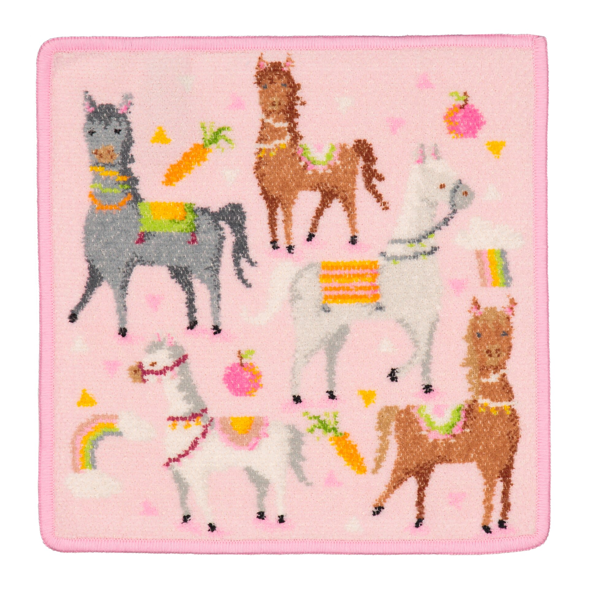 Pink fabric with colourful embroidered horses, rainbows, carrots and flowers. No models visible.