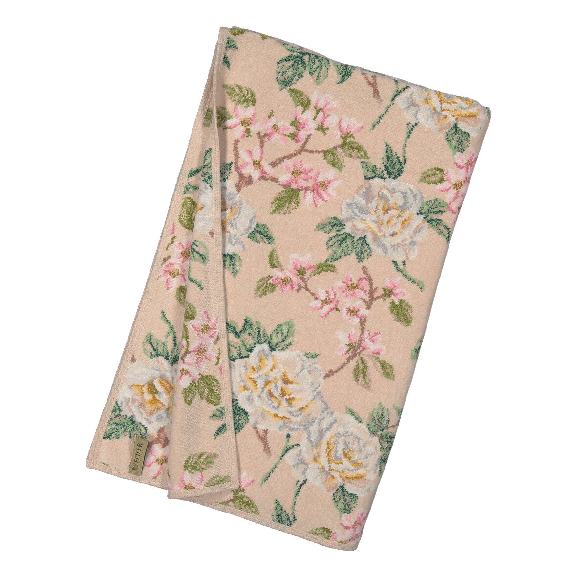 Florales Handtuch in sanften Tönen – Luxuriöses FEILER Handtuch der Kollektion VANILLA ROSE WOHNDECKE aus Original FEILER-Chenille, Made in Germany.