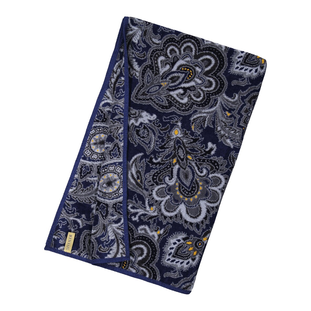 Blauer Chenille Bezug mit floralem Muster – Luxuriöses FEILER Handtuch der Kollektion DJAMAL WOHNDECKE in Marineblau aus Original FEILER-Chenille, Made in Germany.