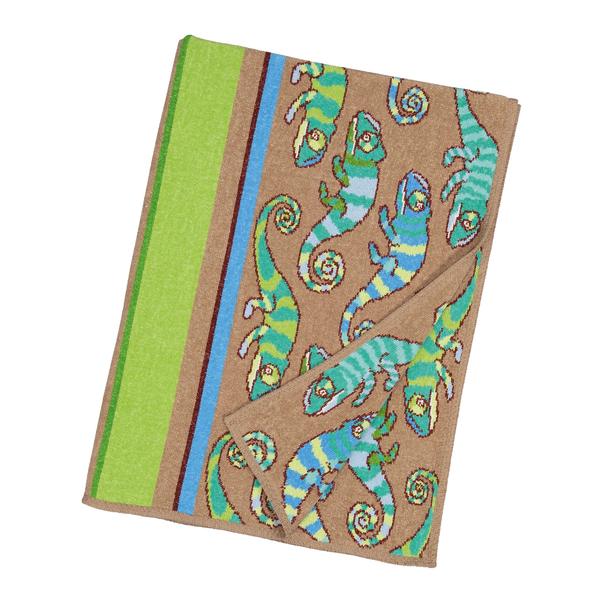 Beige fabric with colourful lizard pattern and stripes in green, blue, and brown. No models present.