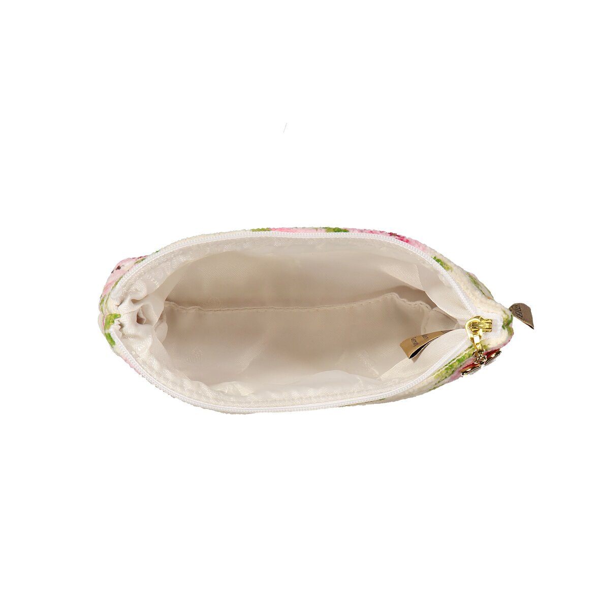 Interior view of the FEILER Cosmetic Bag from the AMELIE collection in cream, size 21 × 14 × 5 cm, made from Original FEILER chenille in Germany.