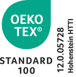 OEKO-TEX zertifiziertes Textil OEKO-TEX Standard 100 Zertifikat, grüne Wassertropfenform, Schwarz-Weiß Text, Nachhaltigkeitssiegel.