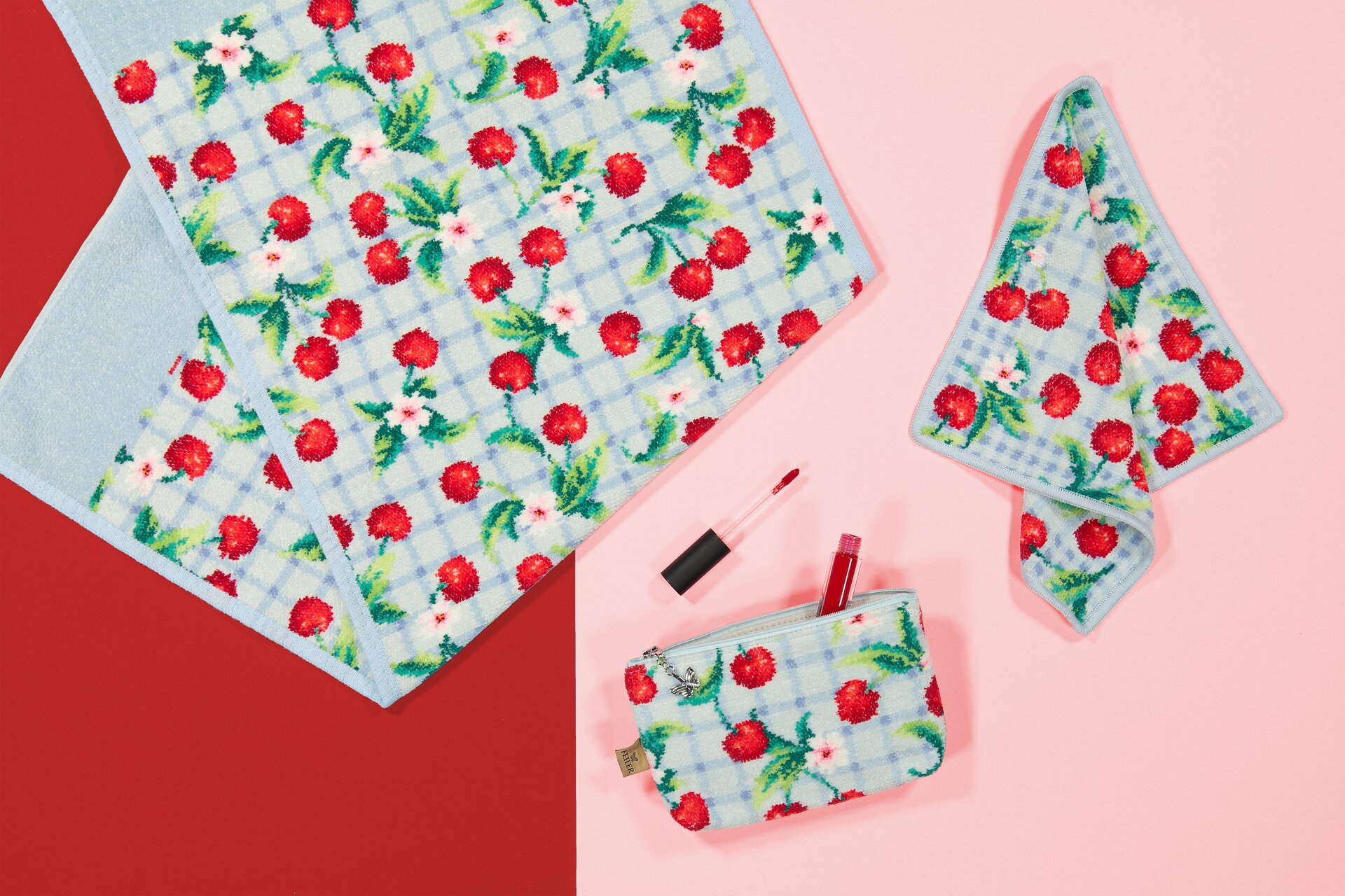 FEILER CHERRY PICNIC: stilllife-Szene mit Lippenstift.