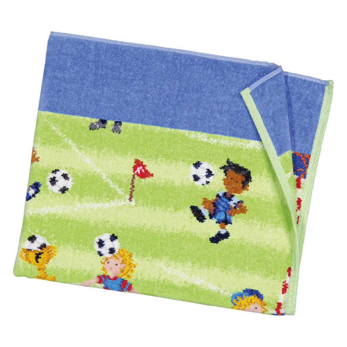 SOCCER Chenille Kinder-Badetuch 75 × 125 cm Blau – Luxuriöses FEILER Badetuch aus Original FEILER-Chenille, Made in Germany.
