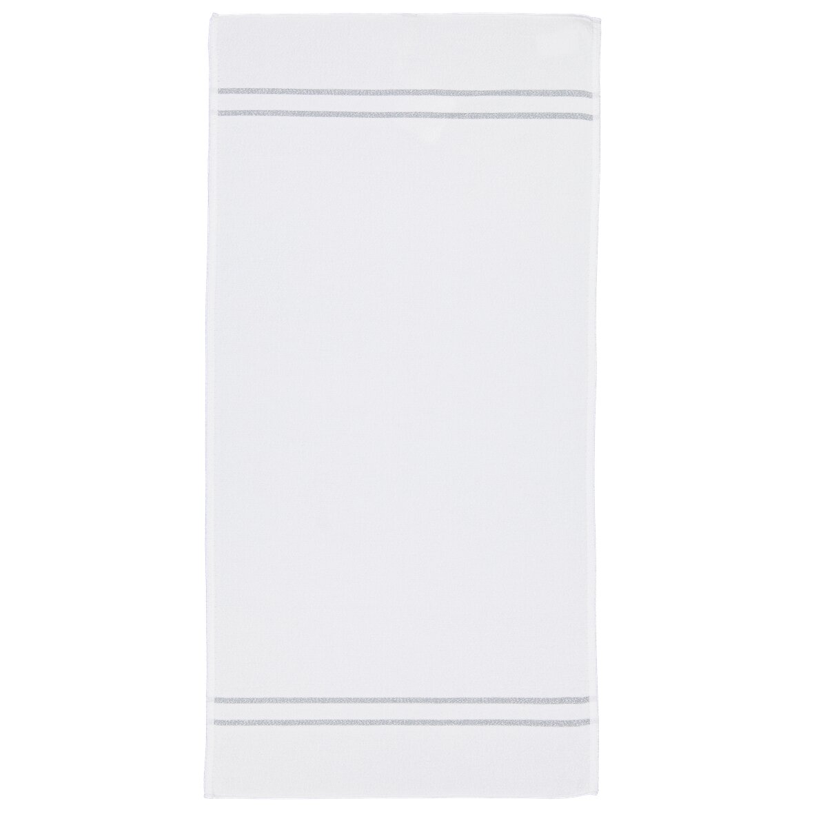 White textile with sleek grey stripes at edges, soft texture. No models present.