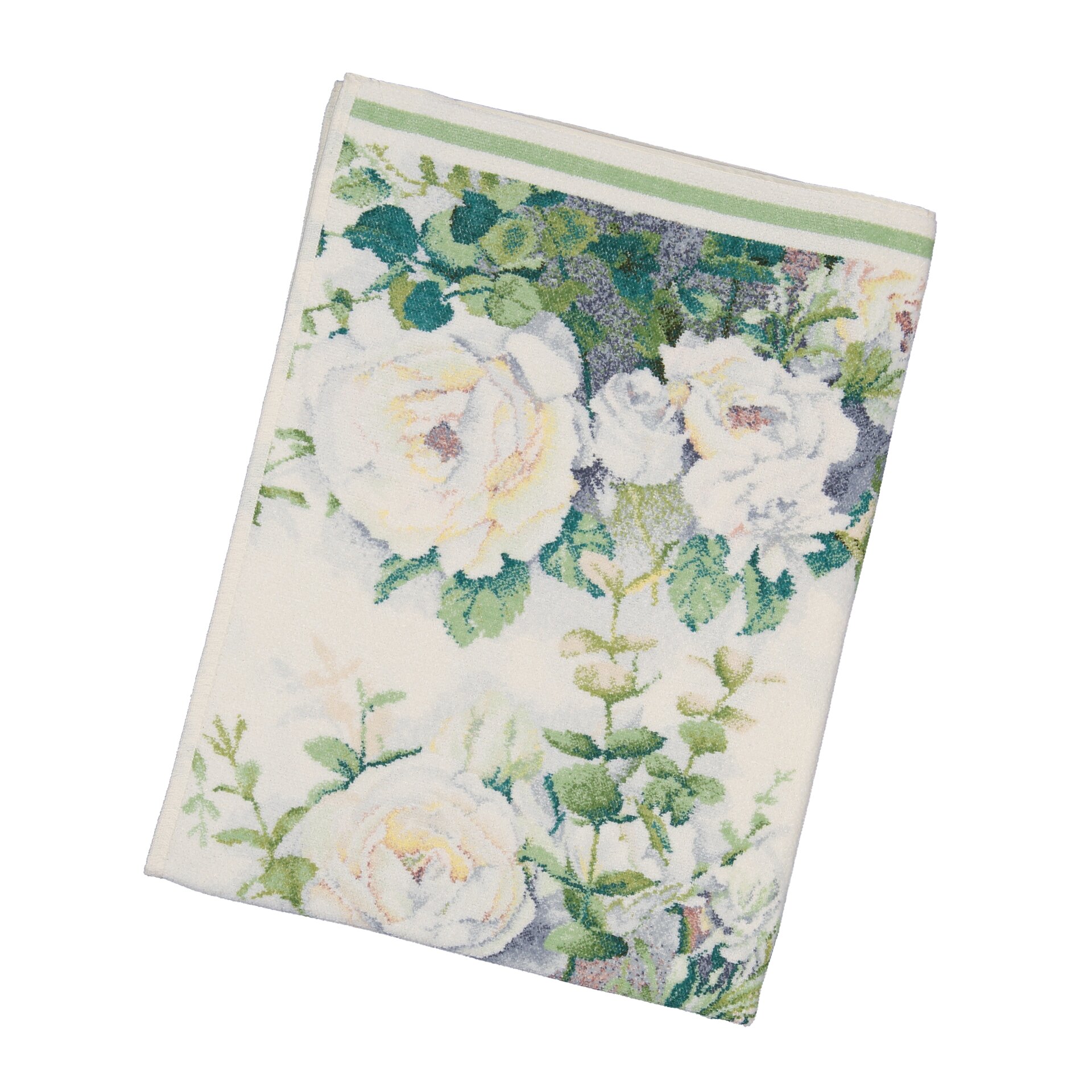 Floral-patterned textile with white roses and green leaves, on a cream background. No model present.
