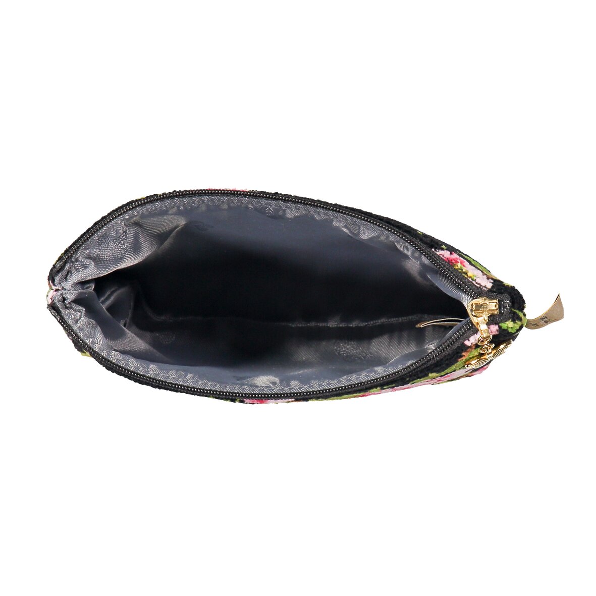 Interior view of the FEILER Cosmetic Bag from the AMELIE collection in black, size 21 × 14 × 5 cm, made from Original FEILER chenille in Germany.