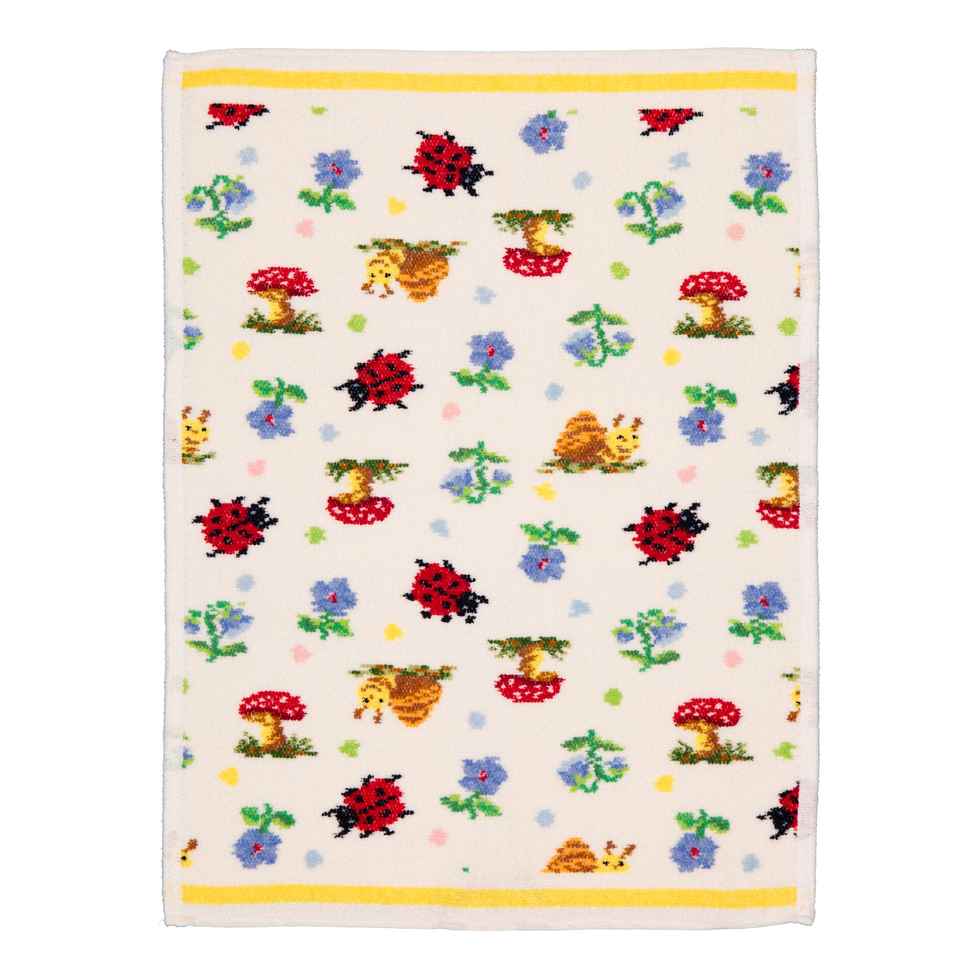 White fabric with colourful pattern of ladybirds, hedgehogs, snails, flowers, and mushrooms, yellow border.