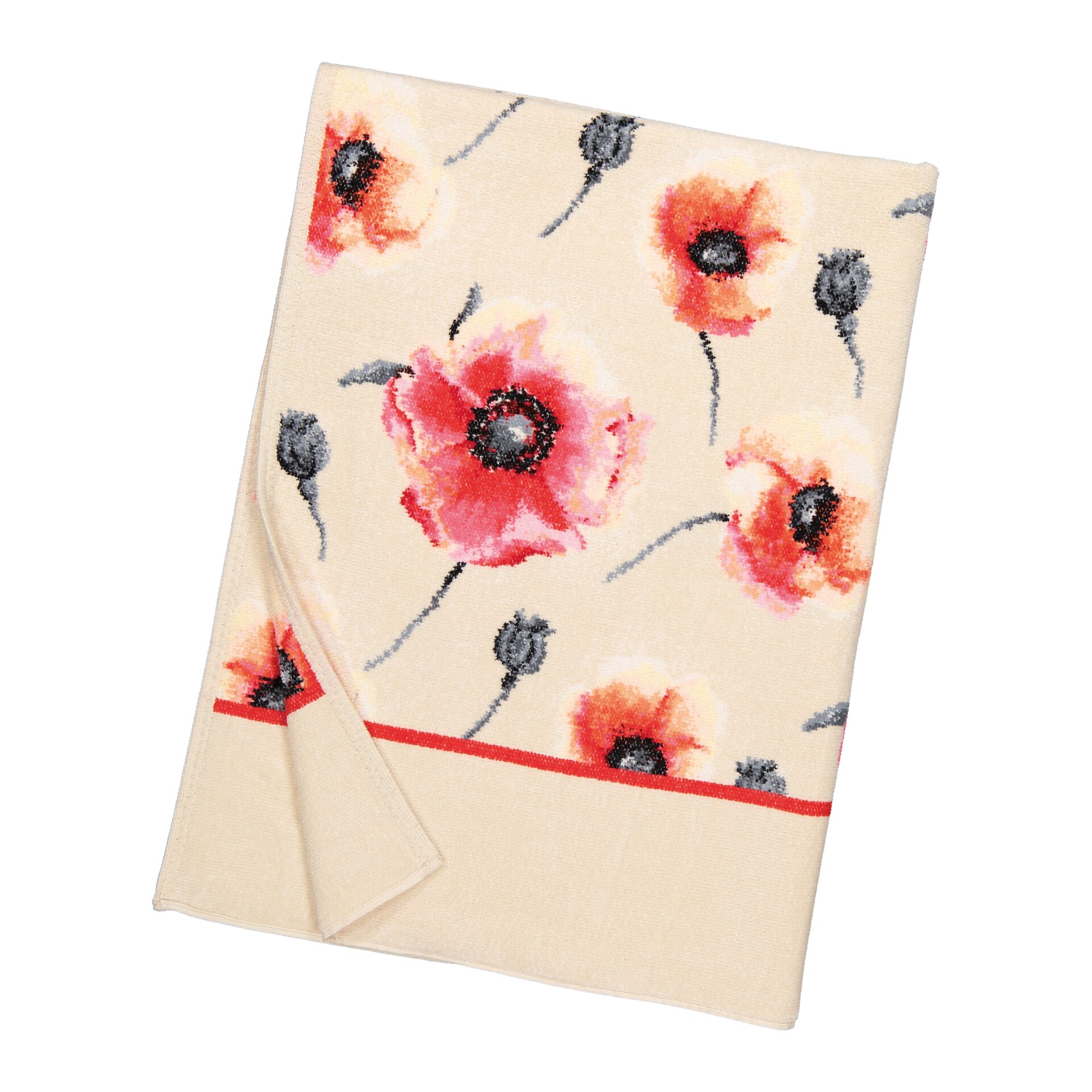 Cream fabric with vibrant red and orange floral pattern, featuring abstract stems and leaves.