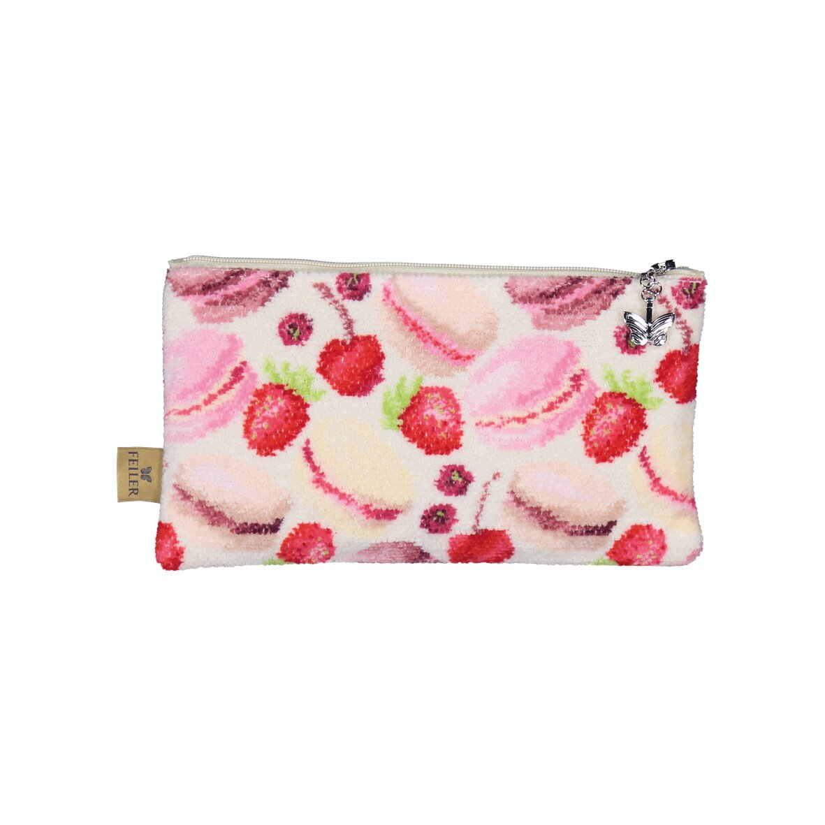 MACARONS Chenille Schmink-Tasche 21 × 14 × 5 cm – Luxuriöse FEILER Kosmetiktasche in Beige aus Original FEILER-Chenille, Made in Germany.