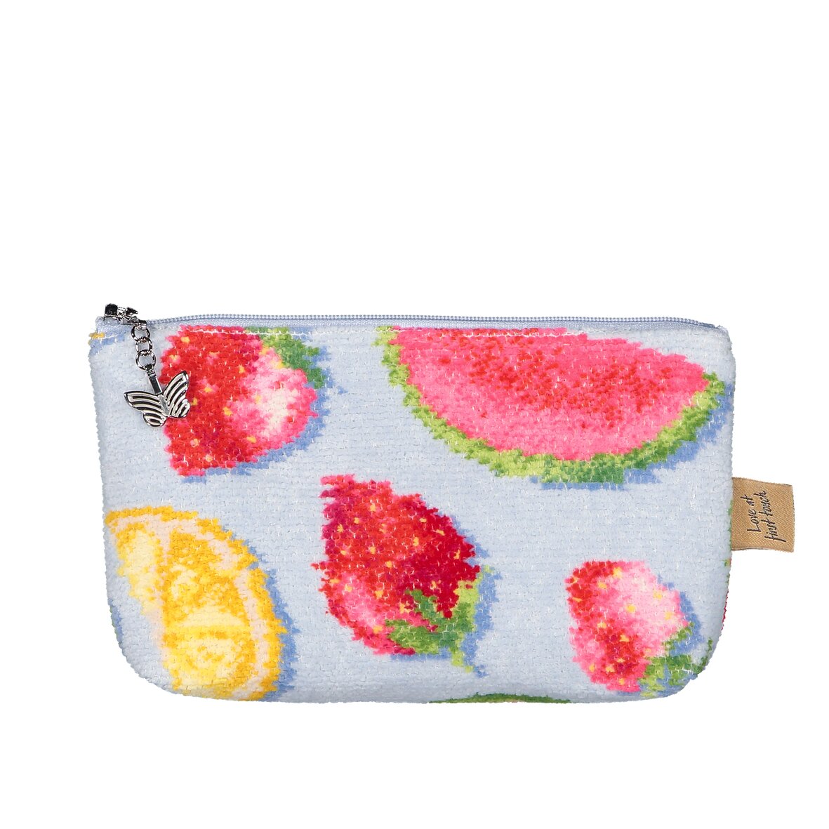SUMMER Chenille Kosmetiktasche klein 18 × 11 × 4 cm – Luxuriöse FEILER Kosmetiktasche als Rückansicht aus Original FEILER-Chenille, Made in Germany.