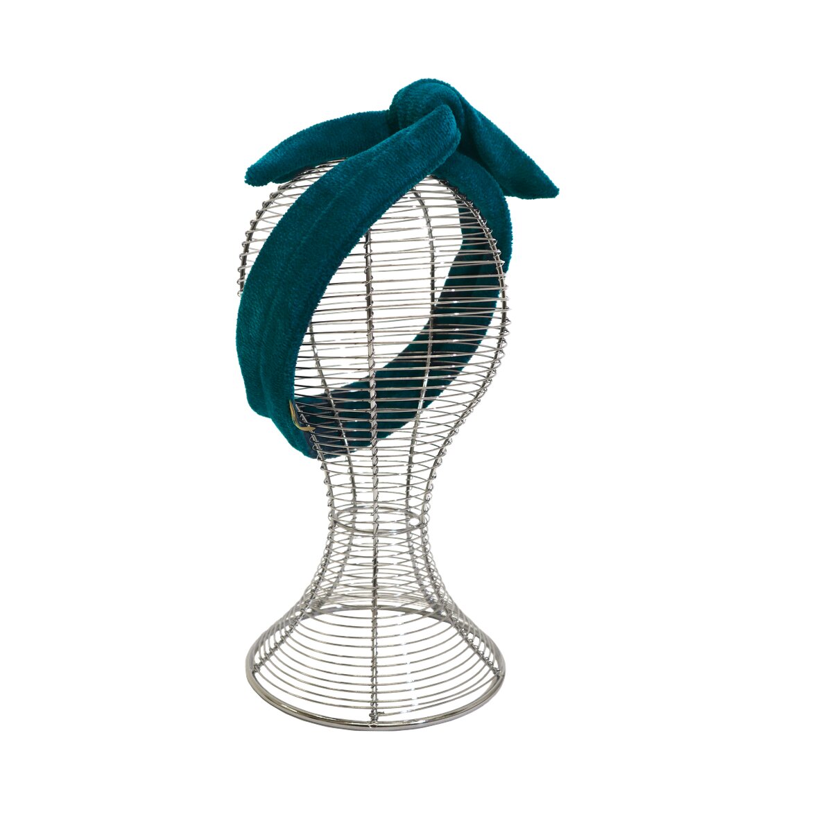 Turquoise fabric headband on wire mannequin, featuring a knotted design.