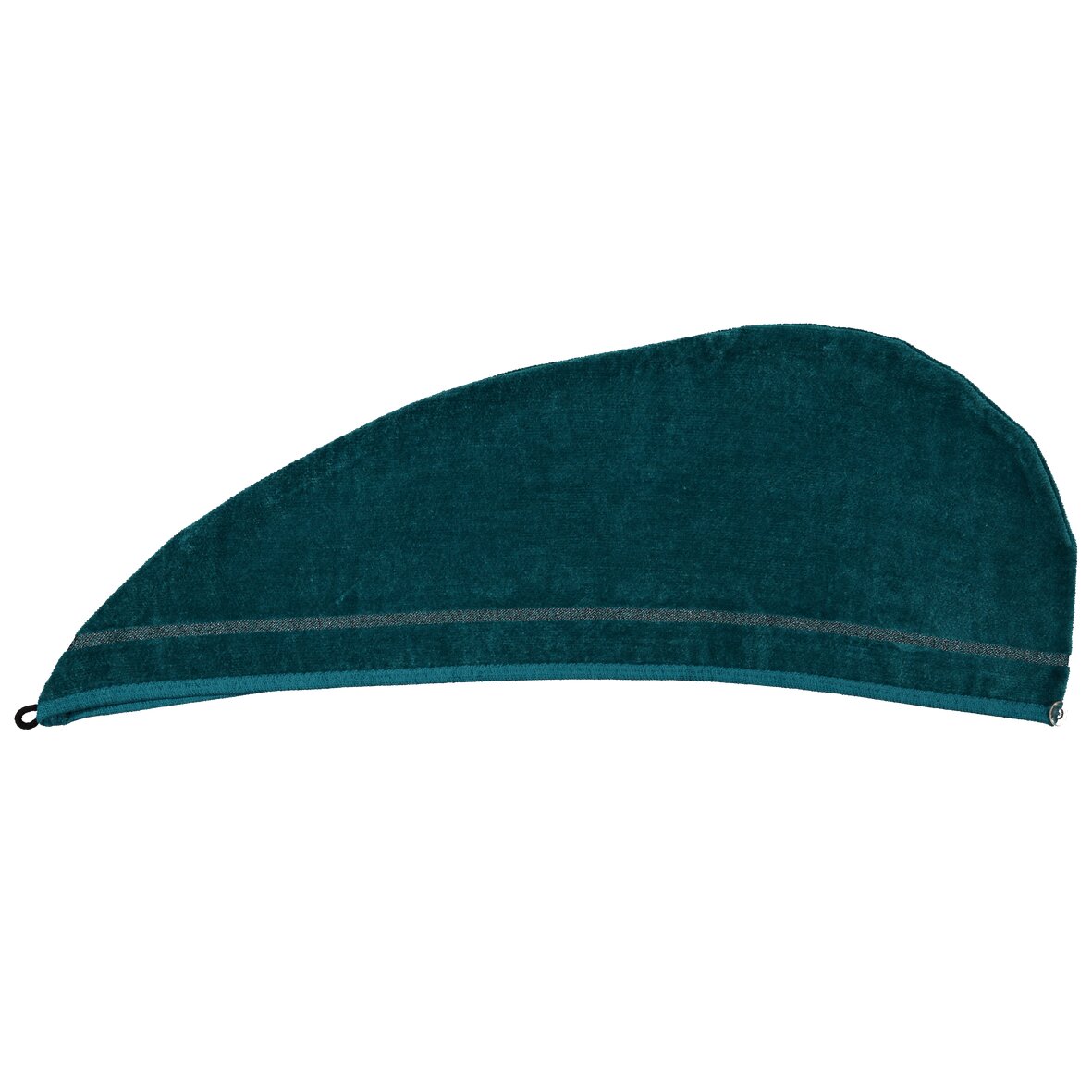Towel turban, petrol with fine striped pattern, product photography.