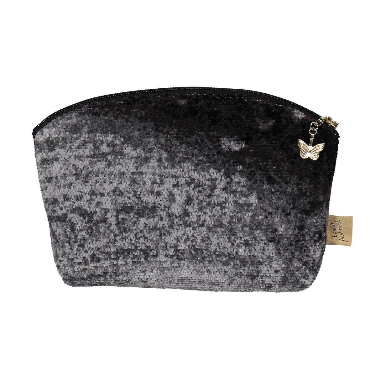 GOLDEN Chenille Schmink-Tasche 21 x 14 x 5 cm – Luxuriöse FEILER Kosmetiktasche in der Größe 21 × 14 × 5 cm als Rückansicht aus Original FEILER-Chenille, Made in Germany.